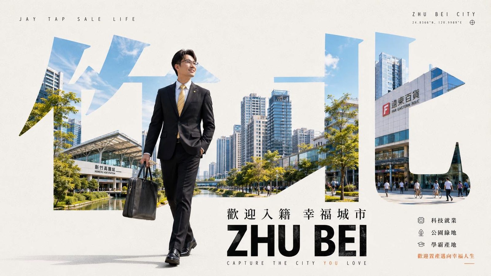徐人傑於竹北街景的形象主視覺：歡迎入籍 幸福城市 ZHU BEI